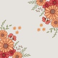 Vintage Flower And Leaf Background. Flower Frame, Border. Hand Drawn Vector. Orange And Red Flowers With Green Leaf Illustration.