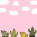 Beautiful nature background. white clouds with cute cactus in pot illustration on pink background. hand drawn vector. design for w Royalty Free Stock Photo
