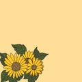 Sunflower with leaf illustration on orange background. yellow and green colors. hand drawn vector. sunflower in the corner. blank Royalty Free Stock Photo