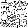 Icon set illustration. black and white colors. hand drawn vector. cup of coffee, flower, black heart, cherry, strawberry, apple, o Royalty Free Stock Photo