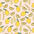 Whole and slice lemon with leaf illustration on pink background. hand drawn vector. pastel color. seamless pattern with lemon frui Royalty Free Stock Photo