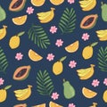Summer background. hawaiian syle. seamless pattern with tropical fruit, flower and palm leaf illustration on blue background. hand Royalty Free Stock Photo