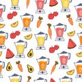 Juicer with fruit icon on white background. seamless pattern with blender and fruits, apple, watermelon, orange, avocado and carro