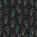 Doodle ice cream art. seamless pattern with set of ice cream with sprinkles illustration isolated on blackboard background. colorf Royalty Free Stock Photo