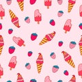 Cute strawberry fruit with ice cream illustration on pink background. hand drawn vector. seamless pattern with ice cream and straw Royalty Free Stock Photo