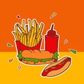 Delicious american food icon. set of fast food, french fries, sandwich, hotdog with ketchup bottle illustration on orange backgrou Royalty Free Stock Photo