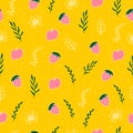 Seamless pattern with leaf, flower, strawberry and apple fruits illustration on yellow background. hand drawn vector. abstract bac