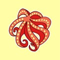 Single red octopus illustration on yellow background. big octopus. hand drawn vector. seafood icon. marine life, sea animal backgr Royalty Free Stock Photo