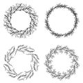 Hand drawn vector black floral rustic circle wreaths with plant leaves and branches on white background Royalty Free Stock Photo