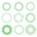 Hand drawn vector green floral rustic circle wreaths with plant leaves and branches on white background Royalty Free Stock Photo