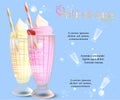 Strawberry and banana milkshakes on blue background. Sales banner design template