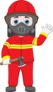 Young firefighter wearing a mask and holding an axe