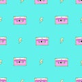 Seamless pattern of vintage music cassette tapes and lightning