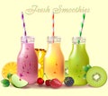 Colorful smoothies next to fruits and berries