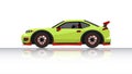 Concept vector illustration of detailed side of a flat green sports car with driving man inside car. Royalty Free Stock Photo