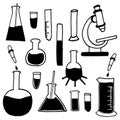 Doodle science for kids, logo, label, sticker, clipart, poster, card. set of chemical equipment illustration on white background.