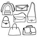 Set of female bag. hand drawn vector. doodle bag for logo, label, sticker, poster, advertising. sketch of bag icon. clutch, slingb Royalty Free Stock Photo