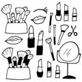 Set of makeup icon. hand drawn vector. black and white colors. makeup brushes, eyelashes, lipstick, lips and mirror illustration i Royalty Free Stock Photo