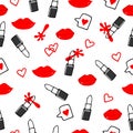 Seamless pattern with set of feminine icon. red lips, lipstick, hearts and red splatter illustration on white background. hand dra Royalty Free Stock Photo