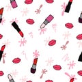 Seamless pattern with lips and lipstick illustration on white background. hand drawn vector. red and pink colors. pink splash colo Royalty Free Stock Photo