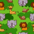 Set of cute baby animal icon on green background. seamless pattern with animal illustration. lion, elephant, giraffe and snail. ha