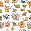 Set of cute baby animal on white background. lion, cat, elephant, butterfly, snail, giraffe, and cow illustration. hand drawn vect Royalty Free Stock Photo