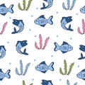 Blue fishes with colorful seaweed illustration on white background. hand drawn vector. seamless pattern with marine life. doodle a Royalty Free Stock Photo