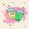 Two cups of bubble tea with hearts illustration on pink background. hand drawn vector. romantic couple boba. yellow and green. kaw Royalty Free Stock Photo