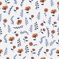 Retro floral pattern on blue background. monochrome style. hand drawn vector. seamless pattern with flower and leaf illustration. Royalty Free Stock Photo
