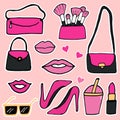 Female beauty icon. yellow, pink and black colors. clutch, handbag, slingbag, makeup brush in pouch, lipstick, lips, sunglasses an