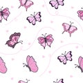 Beautiful pink butterfly and heart illustration with swirl on white background. hand drawn vector. seamless pattern with butterfly Royalty Free Stock Photo