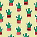 Kawaii cactus in pot illustration. cute character. green cactus with eyes and smiley face. hand drawn vector. seamless pattern wit