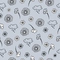 Vintage floral background. hand drawn vector. seamless pattern with flower, cloud and rain illustration isolated on grey backgroun Royalty Free Stock Photo