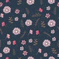 Retro floral pattern. hand drawn vector. seamless pattern with pink flower and brown leaf illustration on navy background. beautif Royalty Free Stock Photo