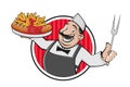 Happy cartoon man serving delicious German specialty Currywurst mit Pommes