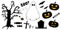 Black and orange hand drawn spooky Halloween vector set with ghost, pumpkins, creepy tree, bats, crosses and candies on white Royalty Free Stock Photo