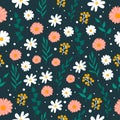 Seamless pattern with blooming flower and leaf illustration on dark blue background. white and pink flowers, green leaf. hand draw Royalty Free Stock Photo