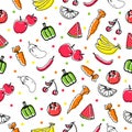 Set of fruit and vegetable icon. hand drawn vector, seamless pattern. food background. healthy and fresh. watermelon, cherry, appl Royalty Free Stock Photo