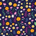 Seamless pattern with flower and leaf illustration on dark blue background. colorful flowers and leaves, small shape. hand drawn v Royalty Free Stock Photo