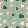 Heart with arrow illustration on green background. pink and navy hearts. hand drawn vector, seamless pattern. doodle art for wallp Royalty Free Stock Photo