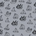 Set of marine vehicle. hand drawn vector, seamless pattern. black outline, sketch of boat. sailboat with flag in the sea. doodle a Royalty Free Stock Photo