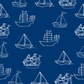 Set of marine vehicle icon isolated on navy background. white outline, hand drawn vector. seamless pattern with sailboat illustrat Royalty Free Stock Photo