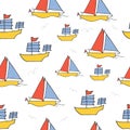 Seamless pattern with sailboat illustration on white background. colorful boat for kids. hand drawn vector. doodle art for wallpap