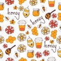 Set of honey icon. flower, jar, honeybee, honeycomb and honey-hand drawn lettering on white background. seamless pattern. doodle a Royalty Free Stock Photo