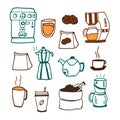 Set of coffee icon on white background. coffee maker, machine, coffee beans, teapot, chocolate cookies, paper bag, cup and glass o Royalty Free Stock Photo