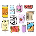 Set of doodle snack icon. potato chips, chocolate bar, juice, milk, cereal, candy and soda can illustrations. hand drawn vector. d Royalty Free Stock Photo