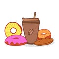 Break time, coffee time. breakfast icon. cup of coffee with donut and croissant illustration. hand drawn vector. sweet breakfast. Royalty Free Stock Photo