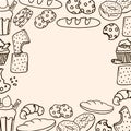 Sweet bakery frame, border. hand drawn vector. donut, muffin, biscuit, cookies, croissant, baguette illustration. hand drawn vecto Royalty Free Stock Photo