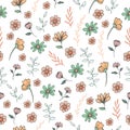 Vintage floral pattern with pastel color on white background. hand drawn vector. seamless pattern with beautiful blooming flower w Royalty Free Stock Photo
