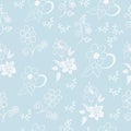 Bright blue flower background. seamless pattern with beautiful flower illustration. white outline. hand drawn vector. monochrome s Royalty Free Stock Photo